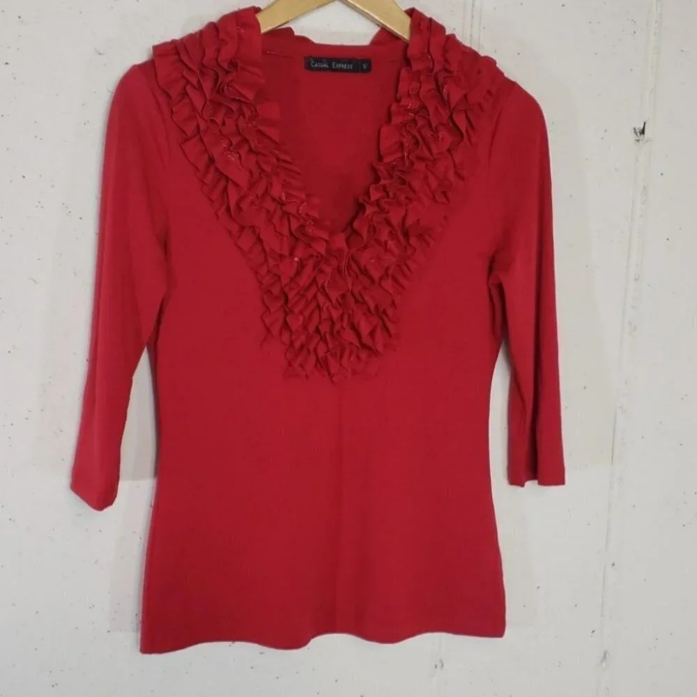 Casual Express Top Small Red Ruffle‎ V-Neck 3/4 Sleeve Lace Trim Blouse